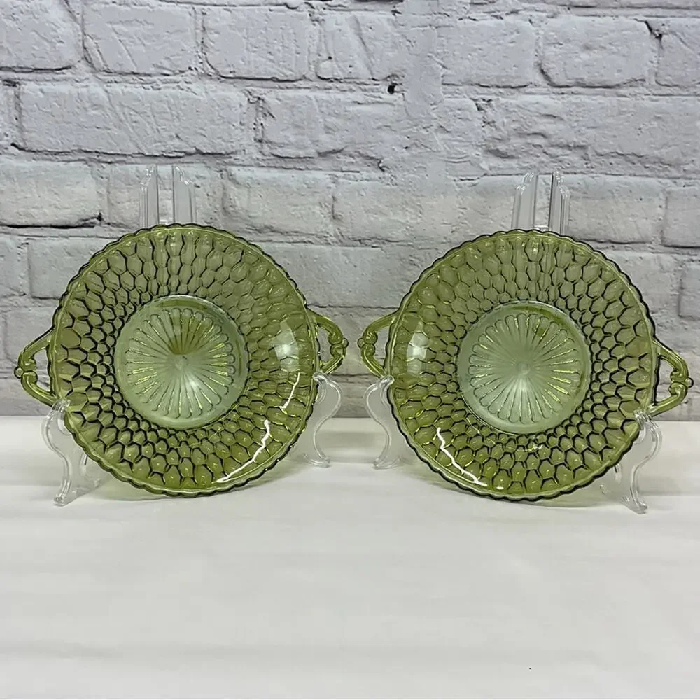 Vintage Indiana Glass Candy Dish Set of 2 Avocado Green Handles Round Honeycomb